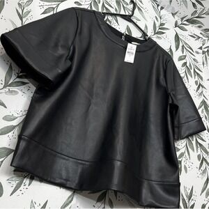 LOFT Black Faux Leather Boxy Fit Short Sleeve Top Sz M NWT Elegant Classic #G